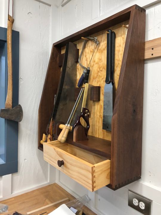 Wall-hung saw till with a hand-dovetailed drawer